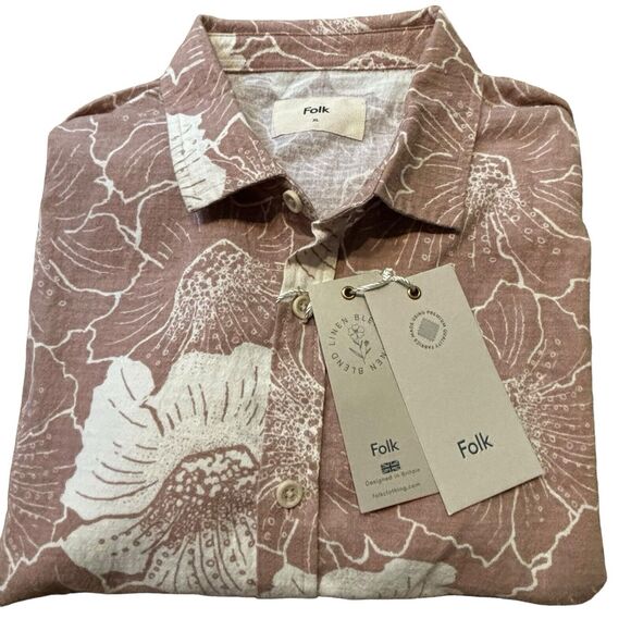 Folk Maui Short Sleeve Button Down Floral Shirt Linen Blend Pink Cream Size XL - Picture 3 of 8